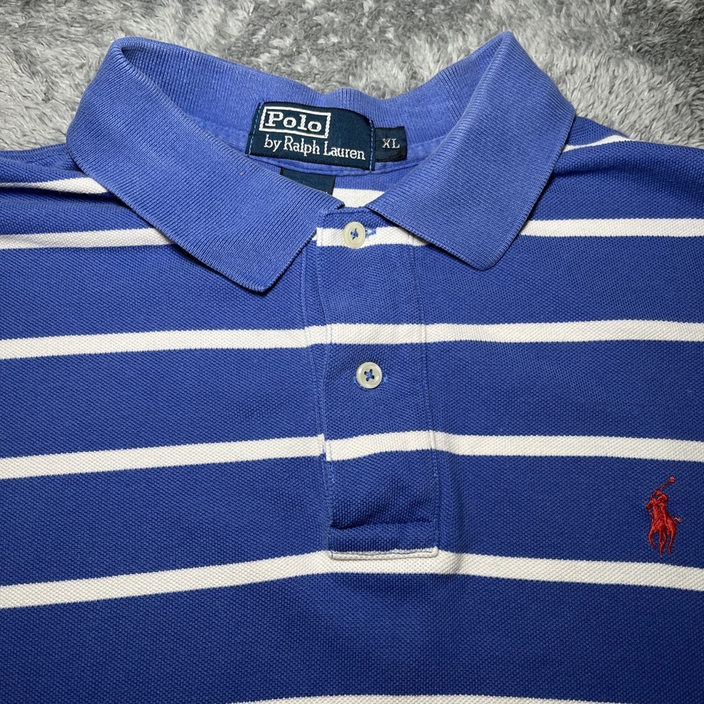 VTG Polo Ralph Lauren Shirt Men's XL Blue White Stripe Short Sleeve 90s